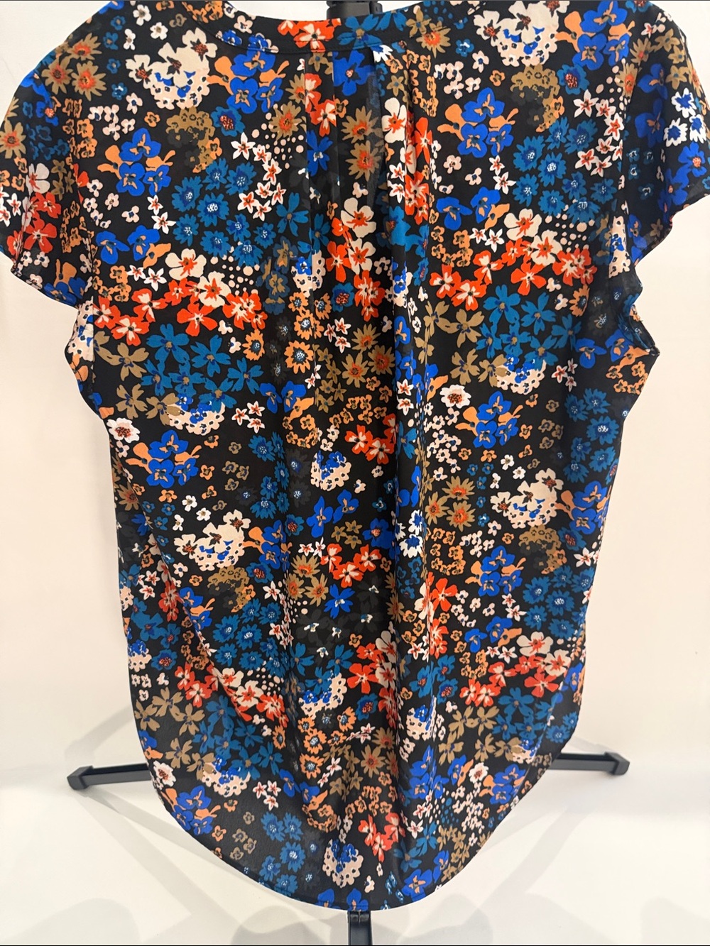 Calvin Klein Black Floral Cap-Sleeve Blouse with Blue & Coral Accents - Picture 2 of 4